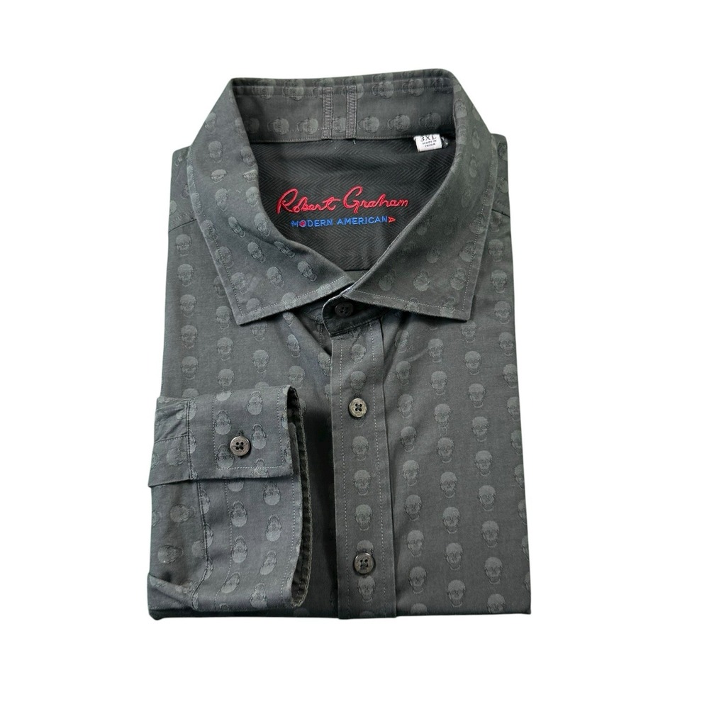 Robert Graham Black Skull AOP Mens Cotton Flip Cuff Button Up Shirt 3XL XXXL